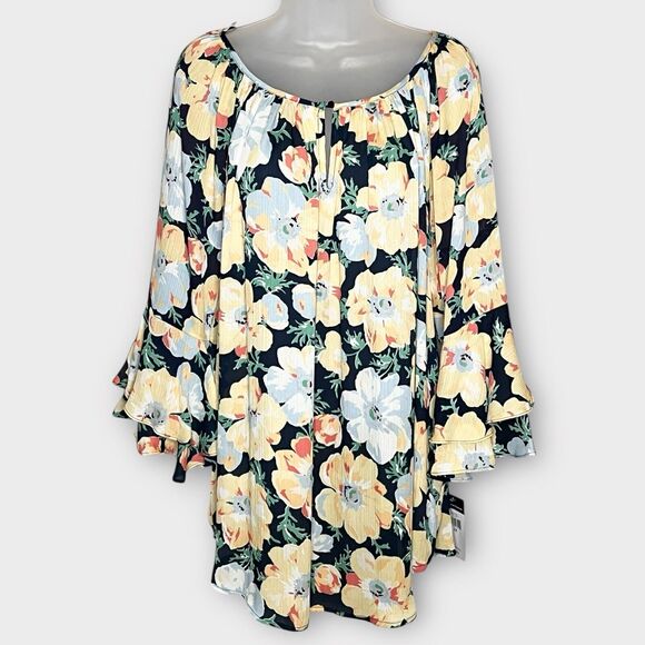 NWT CHAPS Georgette Ruffle Sleeve Peasant Blouse Yellow & Navy Floral Size 2X - Picture 2 of 8